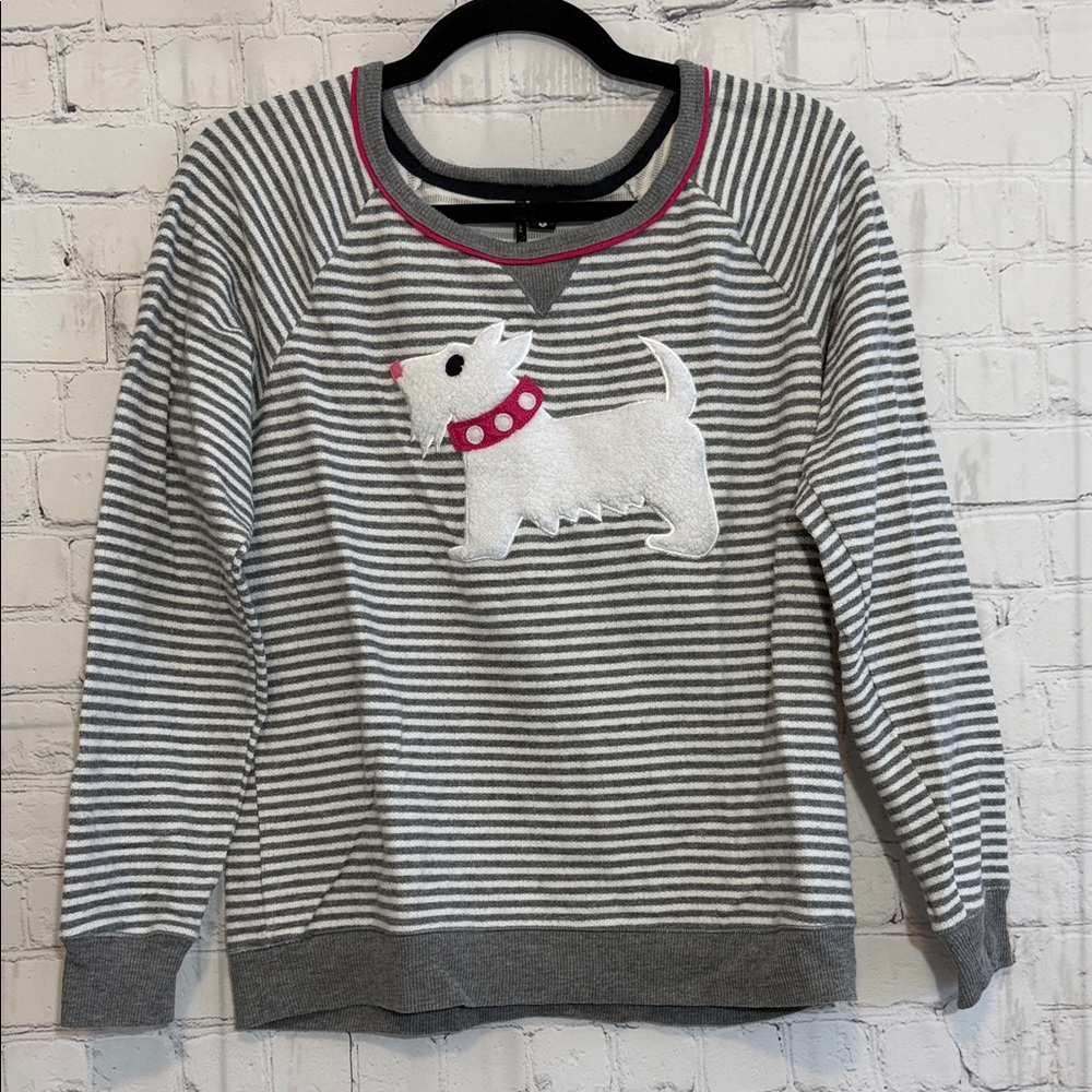 Kensie Gray Striped Sweater with Scotty Dog Design Wonen Size Large